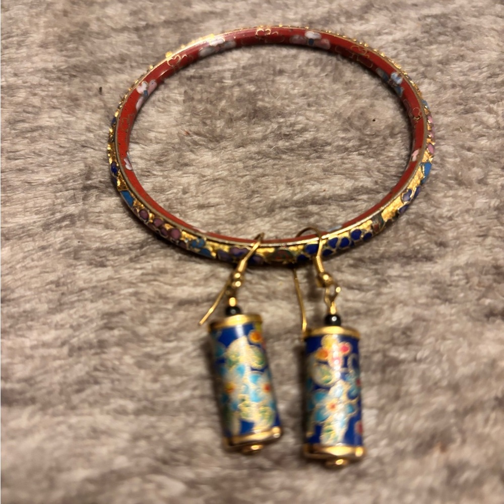 Cloisonné Red, Blue and Gold Floral Bangle with Matching Drop Earrings